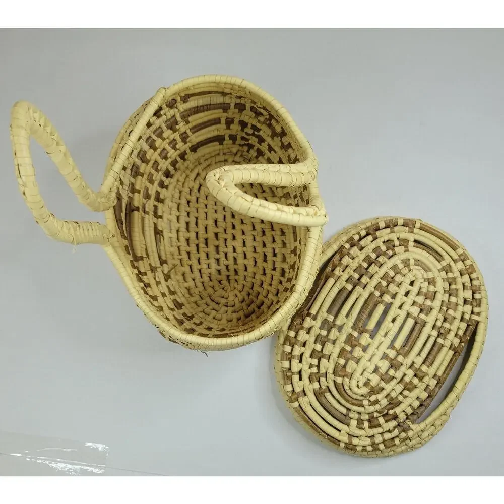 Wrapped Straw Basket Coiled Large Lid Handles Approx 11” X 11” Boho